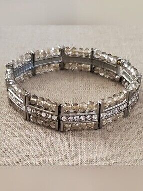 ​White House Black Market Silver Crystal Faceted Bead Multi Row Stretch Bracelet